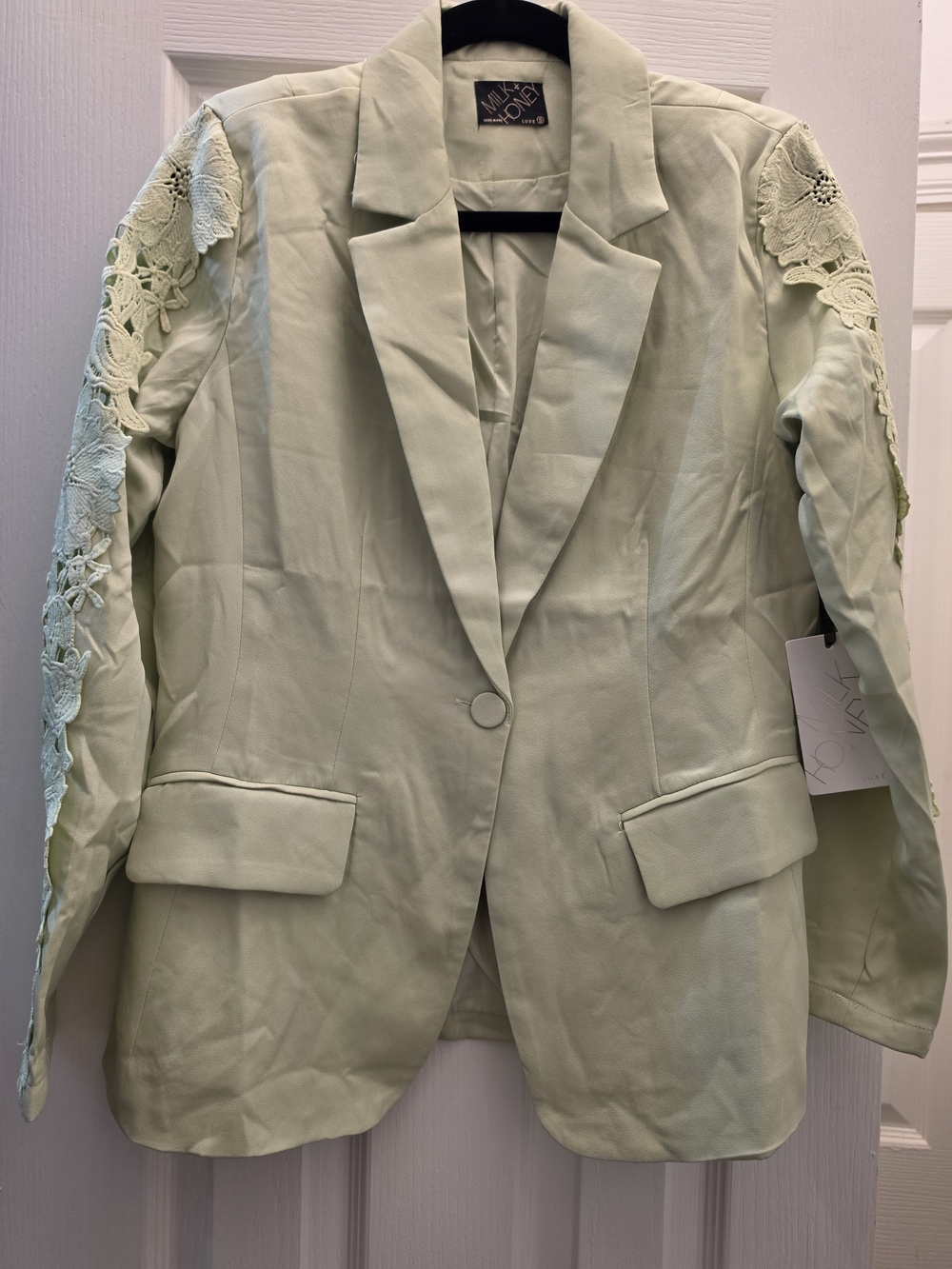 Mint Lace-Sleeve Blazer - Women’s Light Green Single-Button Jacket